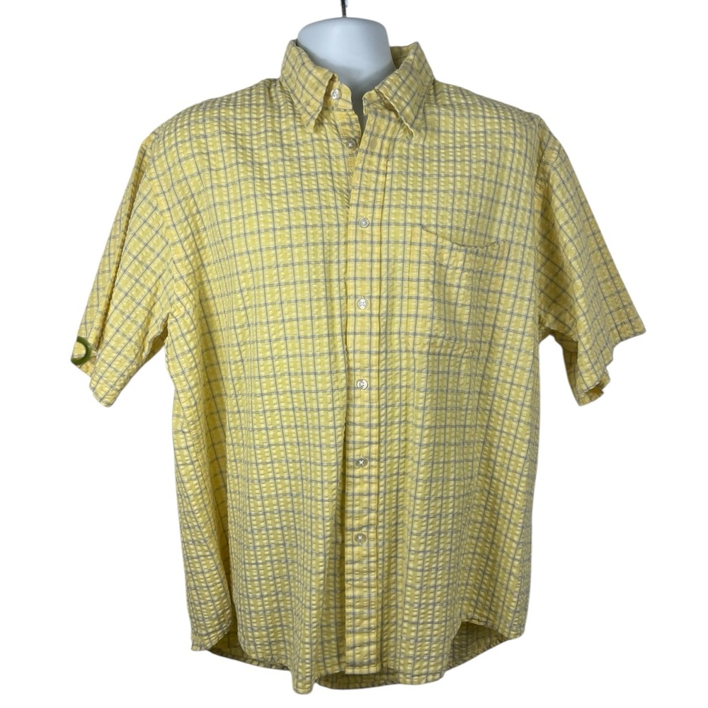 Izod Seersucker Button down Shirt Short Sleeved Men's XL‎ Yellow Plaid